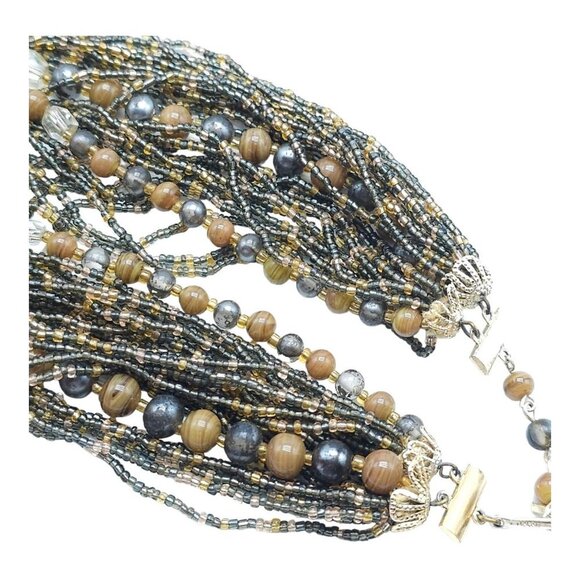 Multi Strand Beaded Statement Necklace Gold Tone Hook Clasp JAPAN Vintage - Picture 7 of 8